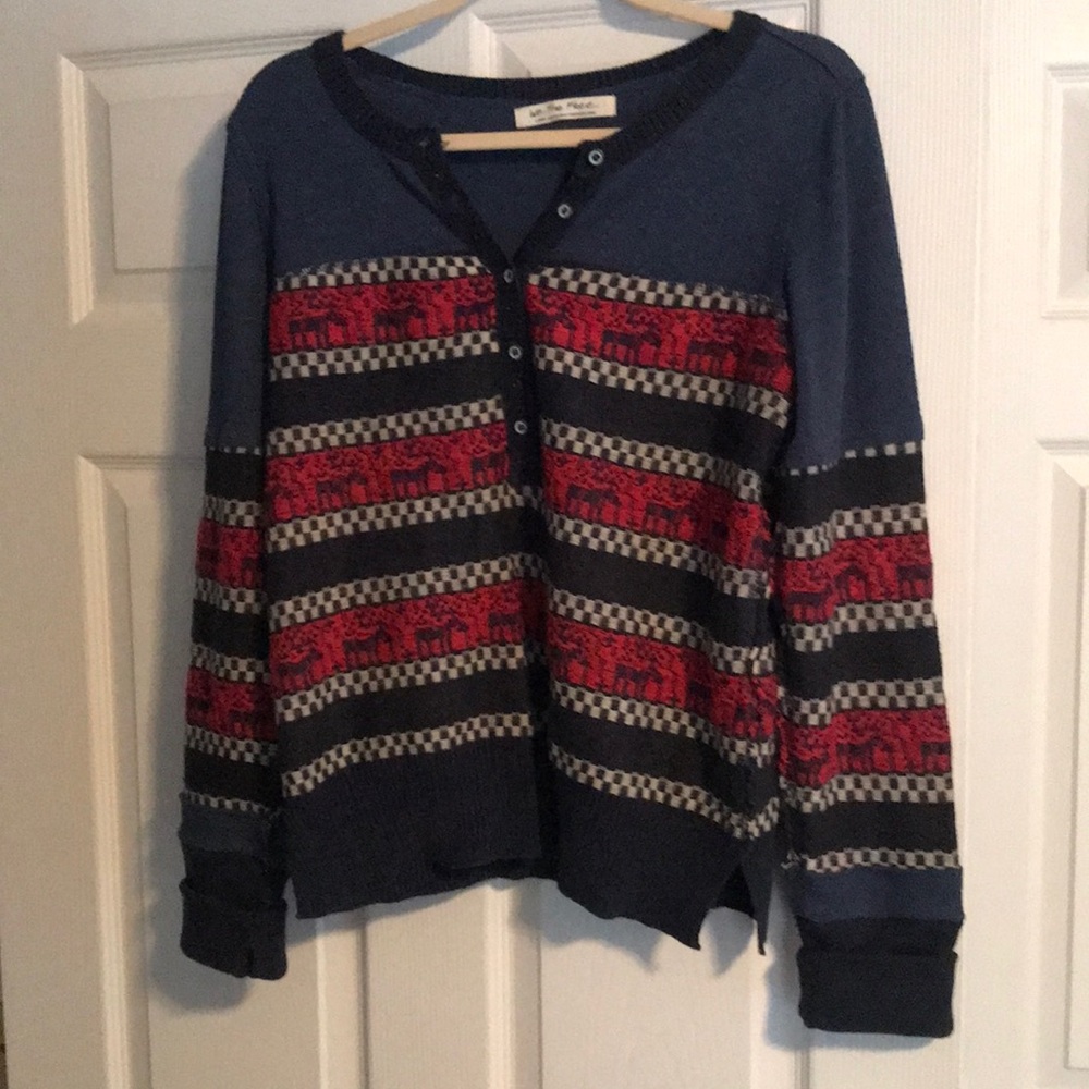 Free People Blue and Red Patterned Sweater